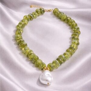 Luxury Olive Green Beaded Necklace with Baroque Pearl Drop